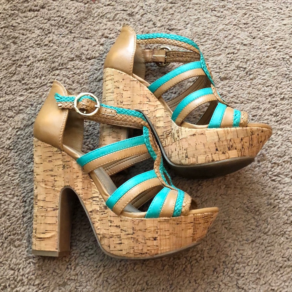 BCBG Platform Teal & Cognac Summer Wedges Sz 7.5